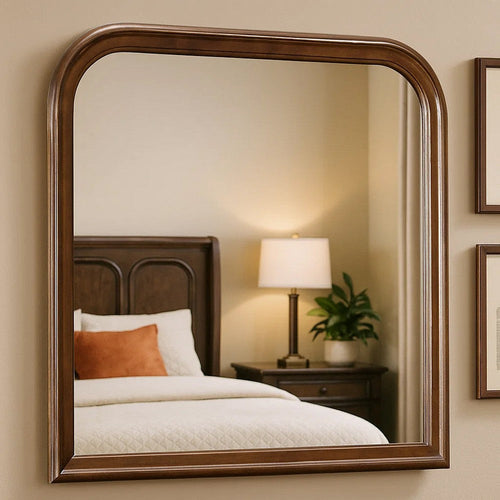Wood Frame Mirror | Arched Molded Design | Cherry Brown & Silver