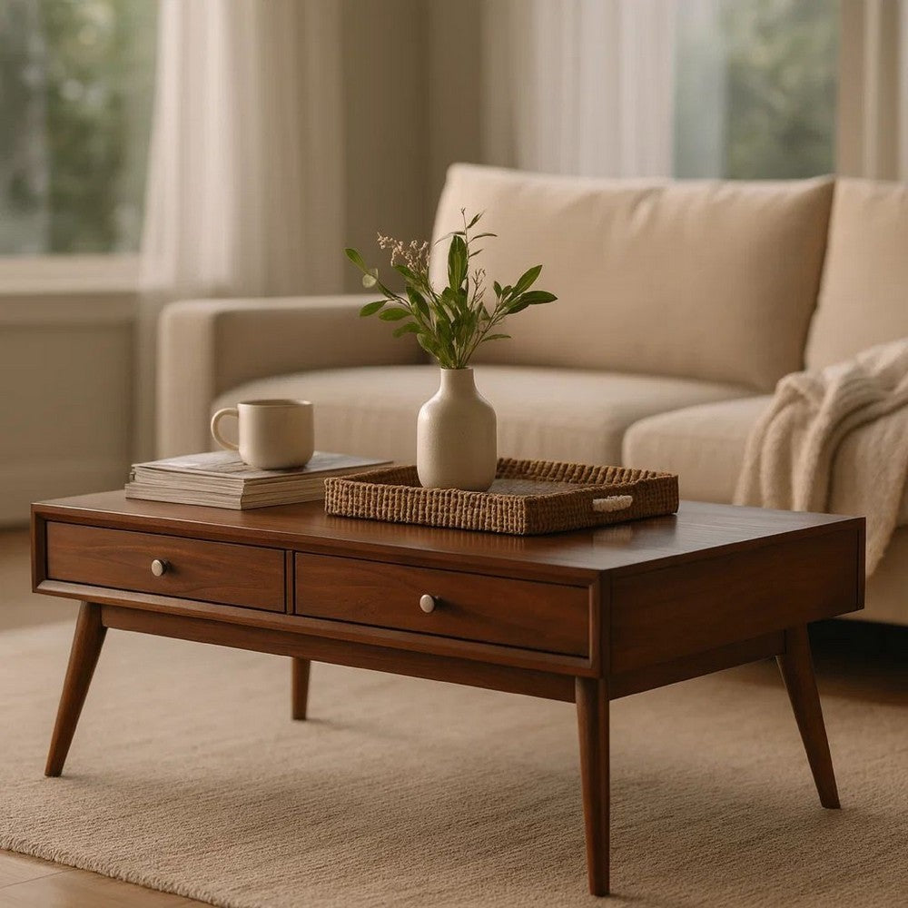 Coffee Table | Wood | 2 Drawer | Splayed Legs | Walnut Brown