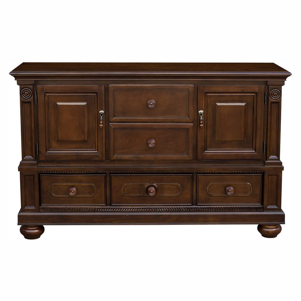 Traditional 2 Cabinets Wooden Buffet with Molded Details and Bun Feet,Brown By Casagear Home BM220168