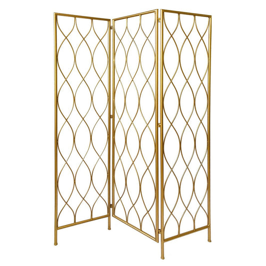 3 Panel Metal Frame Screen with Twisted Oval Design, Gold