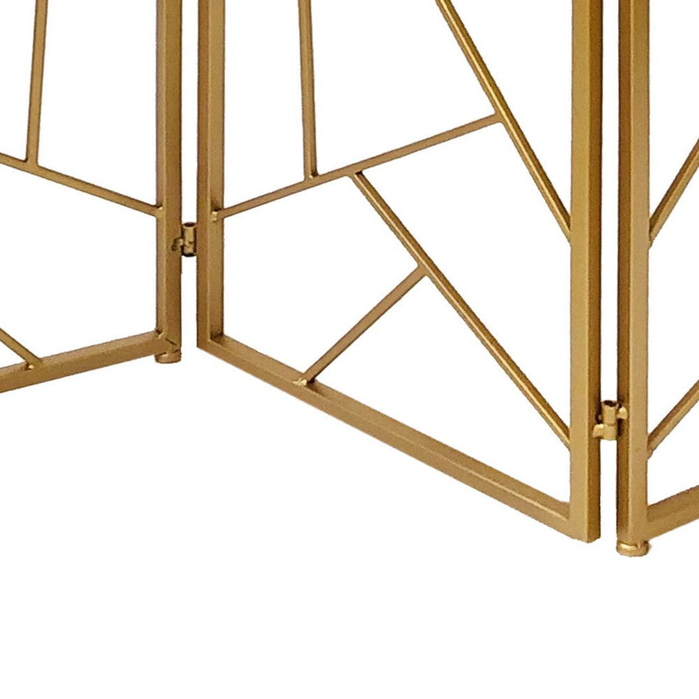3 Panel Metal Frame Screen with Lattice Cut Out Design Gold BM220189