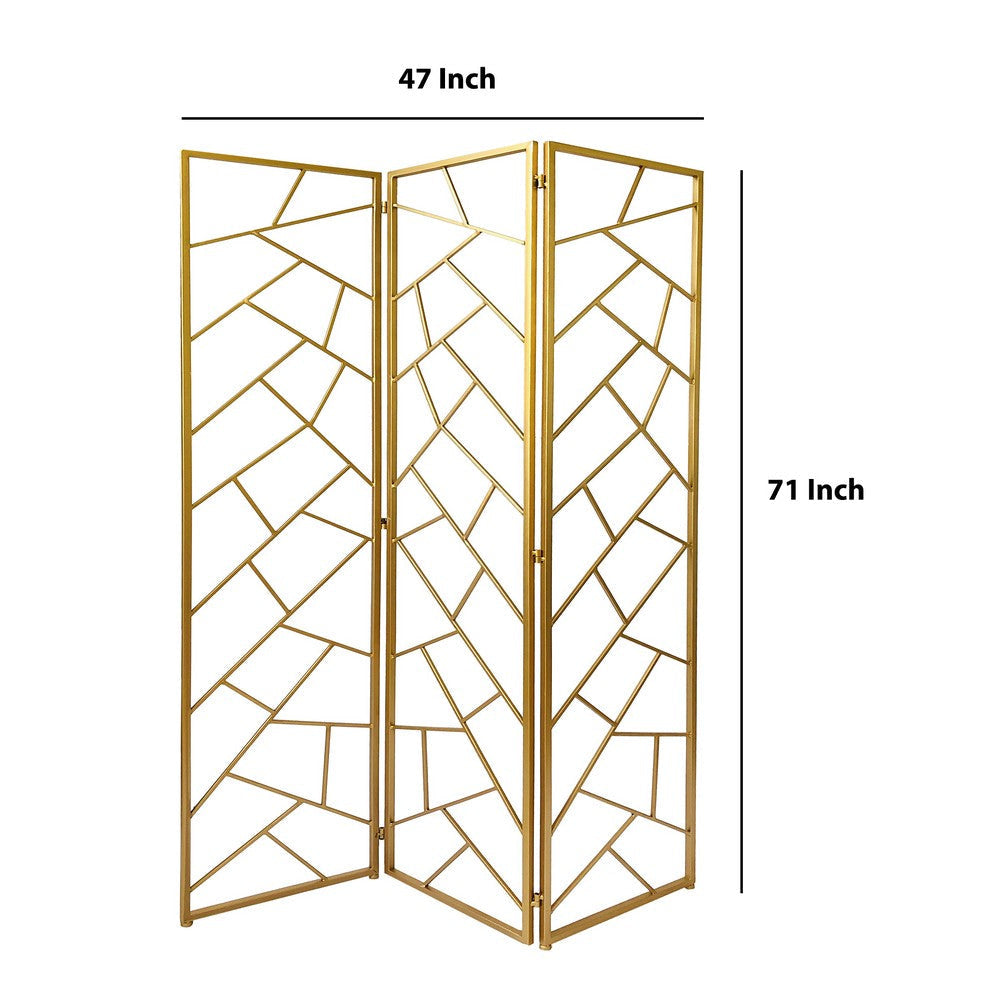 3 Panel Metal Frame Screen with Lattice Cut Out Design Gold BM220189