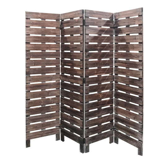 4 Panel Wooden Room Divider with Horizontal Planks, Brown