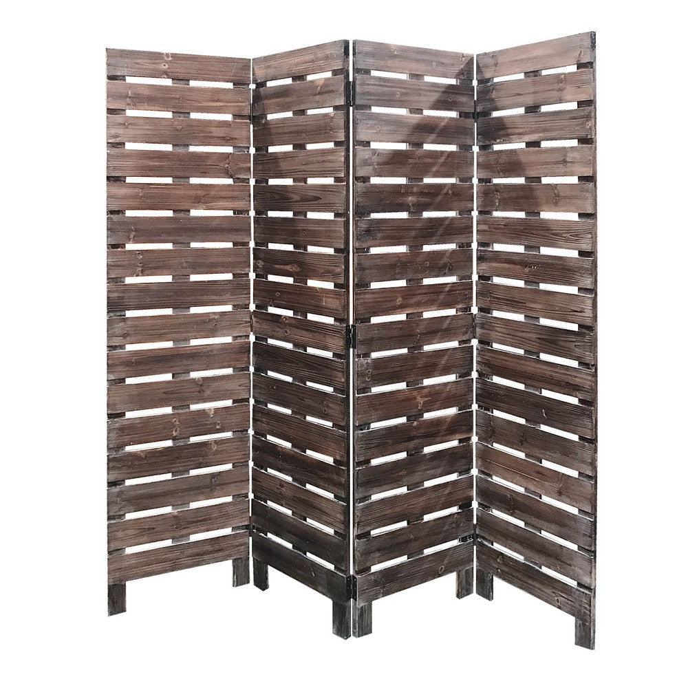 4 Panel Wooden Room Divider with Horizontal Planks, Brown