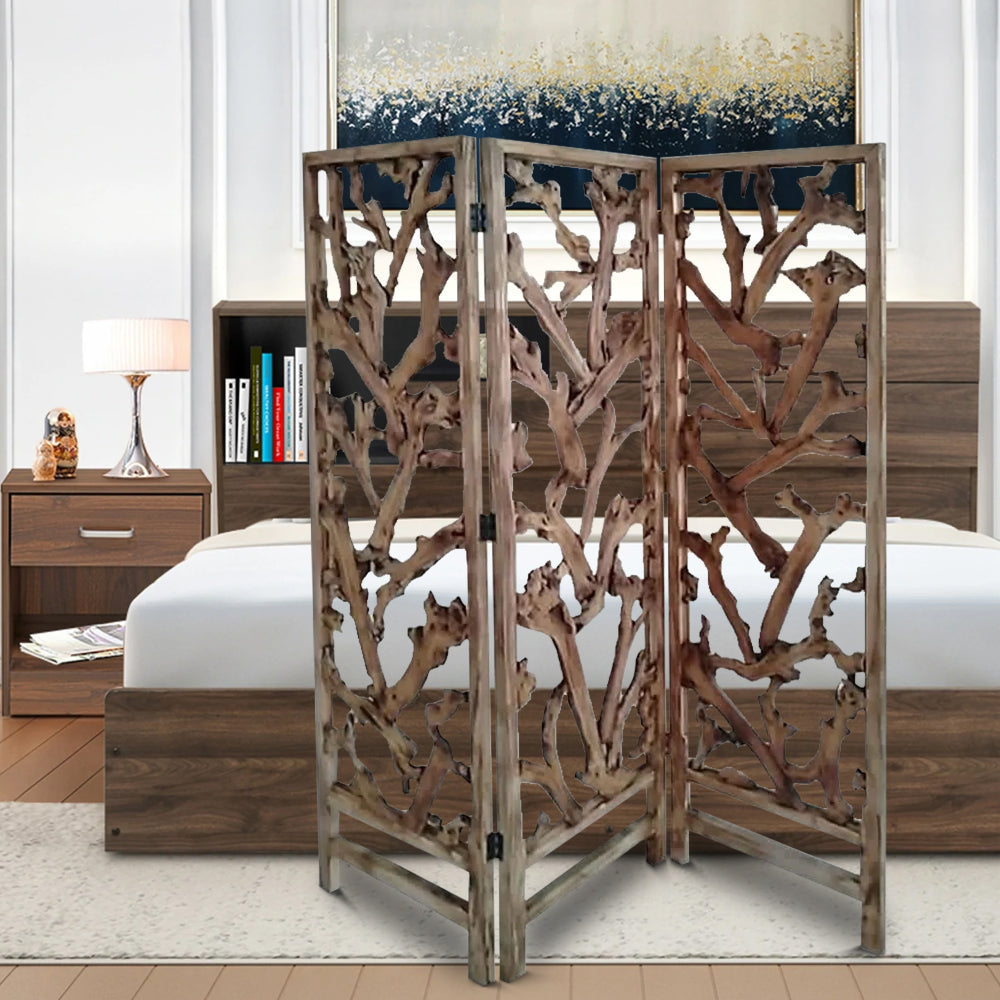 Screen Divider | 3 Panel | 72 Inch | Rustic Mulberry Branch Design | Brown