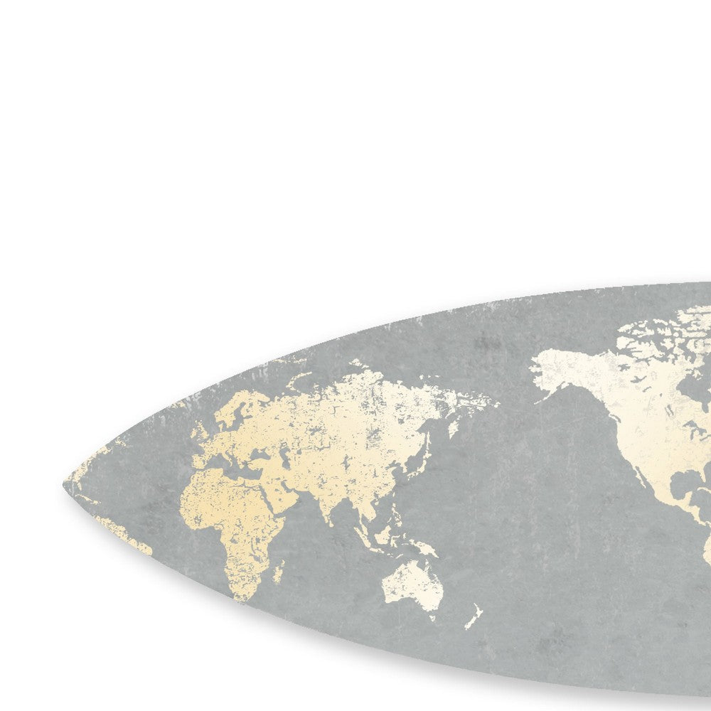 Wall Art | Wood Surfboard | World Map Print | Gray & White