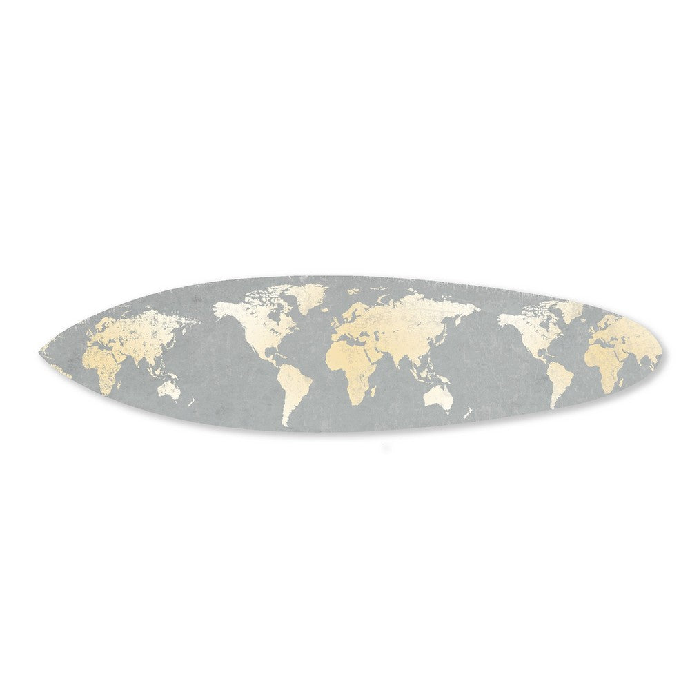 Wall Art | Wood Surfboard | World Map Print | Gray & White