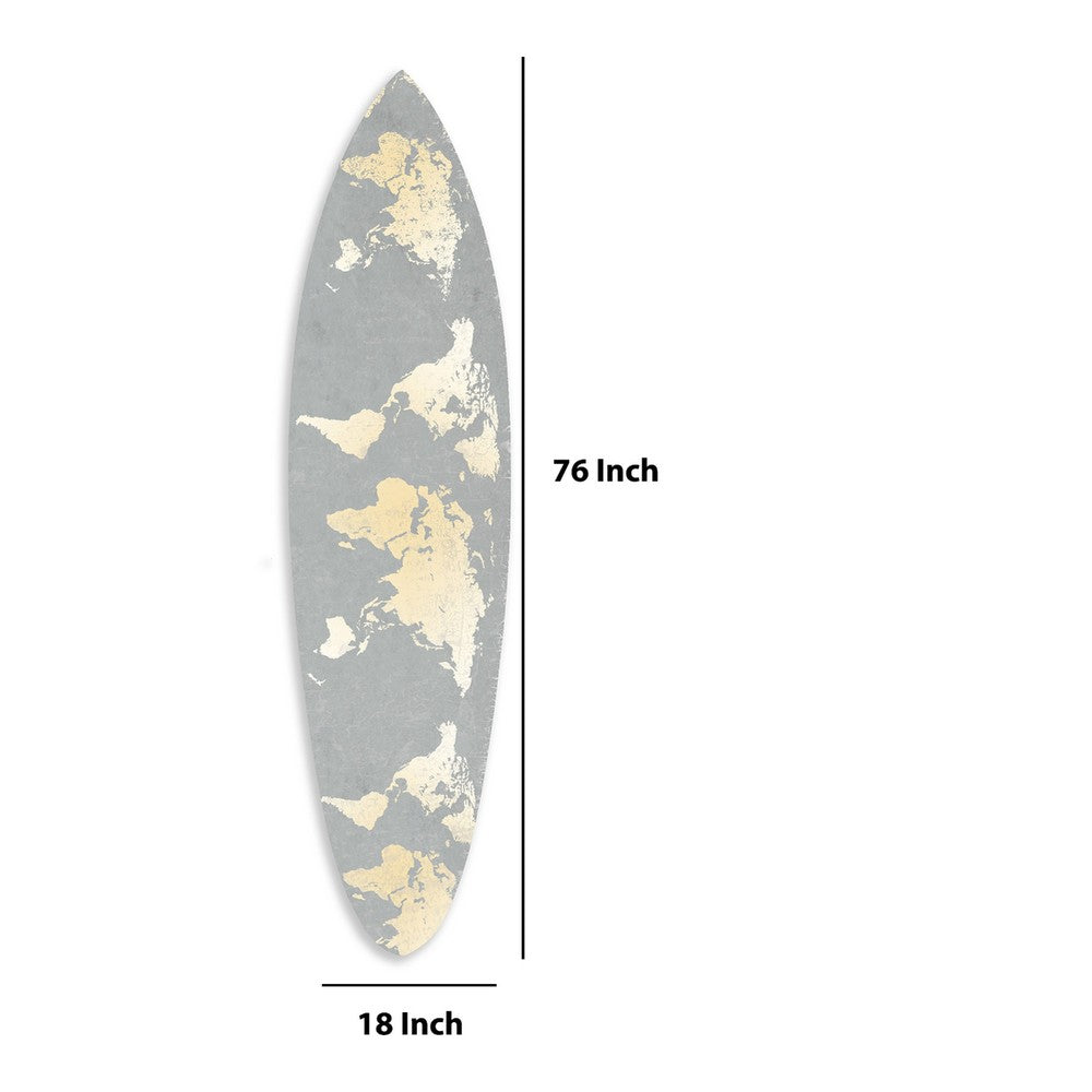 Wall Art | Wood Surfboard | World Map Print | Gray & White