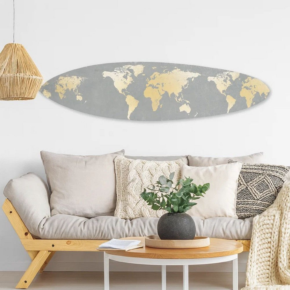 Wall Art | Wood Surfboard | World Map Print | Gray & White
