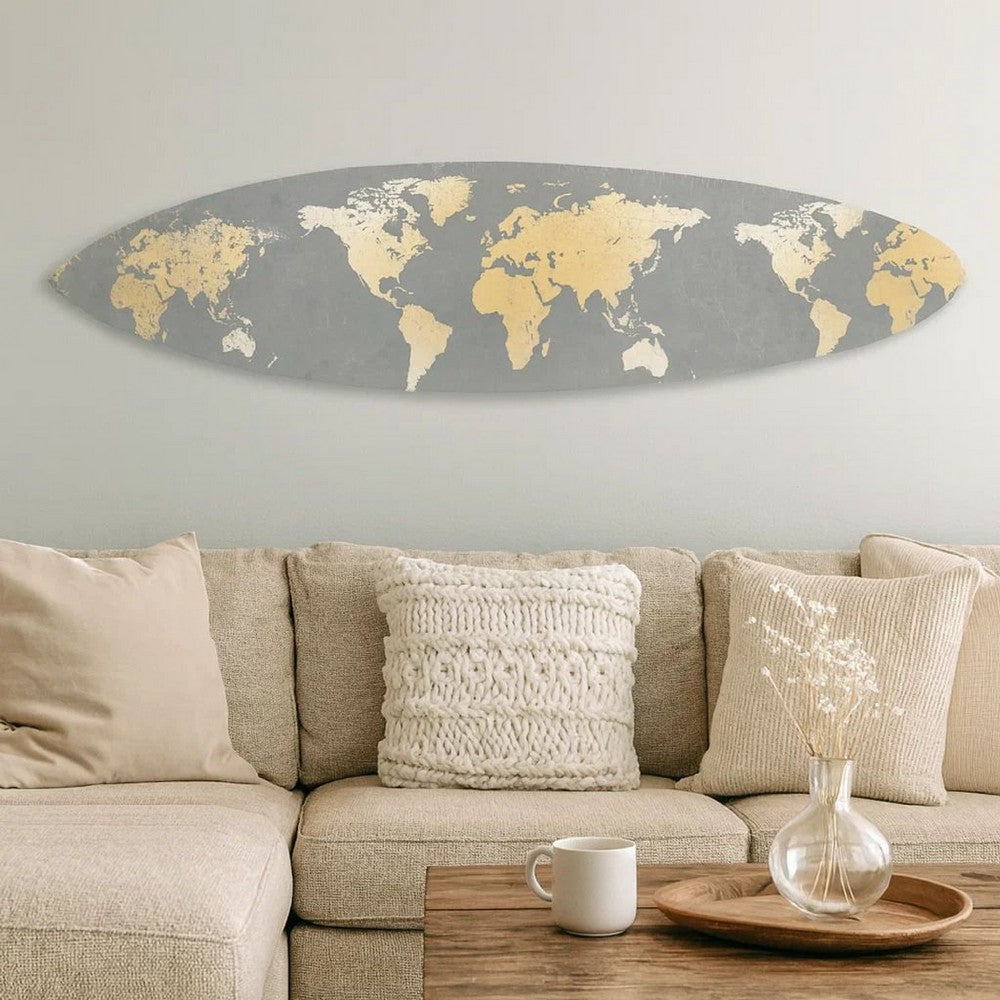 Wall Art | Wood Surfboard | World Map Print | Gray & White