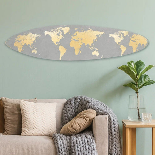 Wall Art | Wood Surfboard | World Map Print | Gray & White