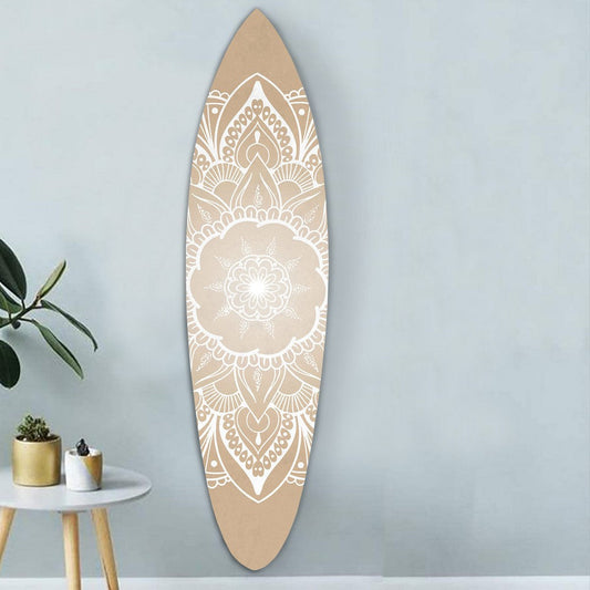 Wall Art | Wood Surfboard | Medallion Print | Brown & White