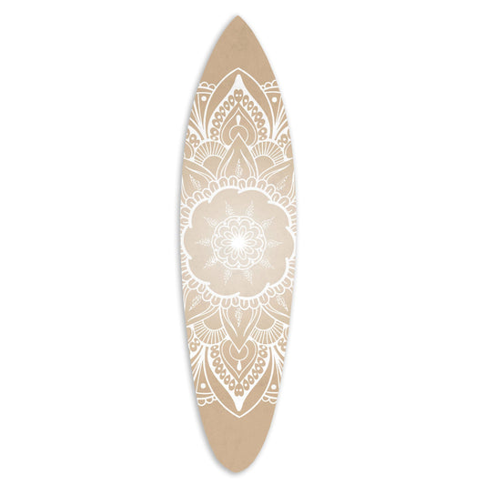 Wooden Surfboard Wall Art with Medallion Print, Brown and White By Casagear Home