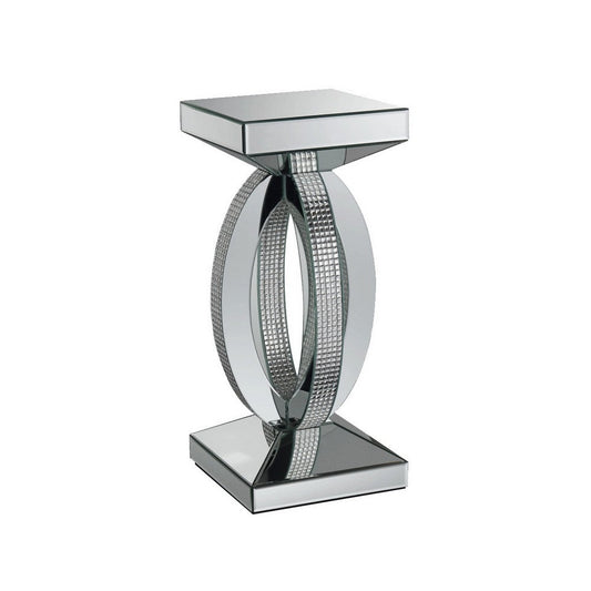 Square Wooden End Table with Curved Body and Rhinestone Accents, Silver