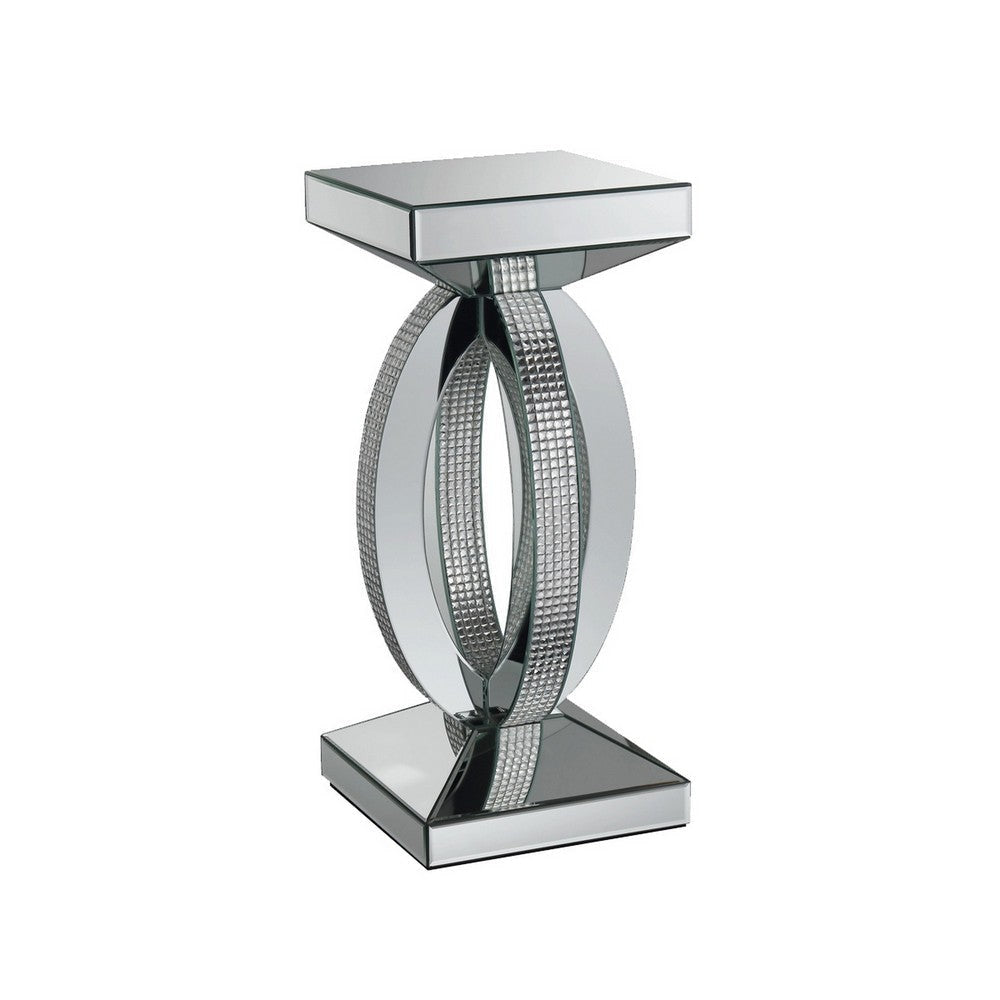 Square Wooden End Table with Curved Body and Rhinestone Accents, Silver