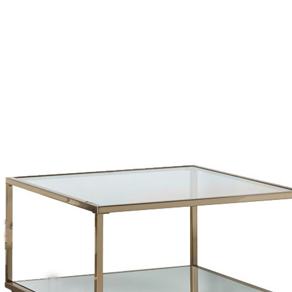 Glass Top Square Contemporary Table with Tubular Metal Base Gold BM220237
