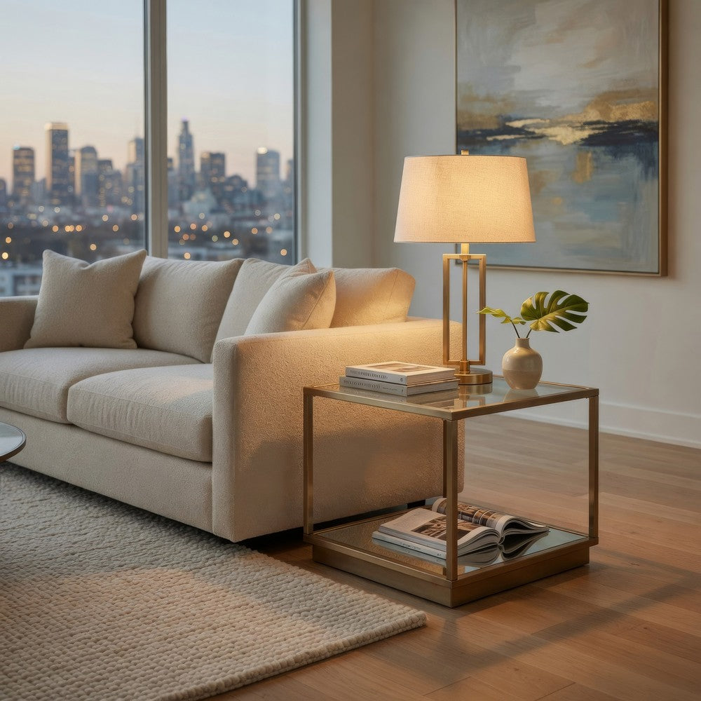 Glass Top Square Contemporary Table with Tubular Metal Base, Gold