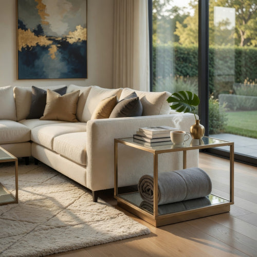 Glass Top Square Contemporary Table with Tubular Metal Base, Gold