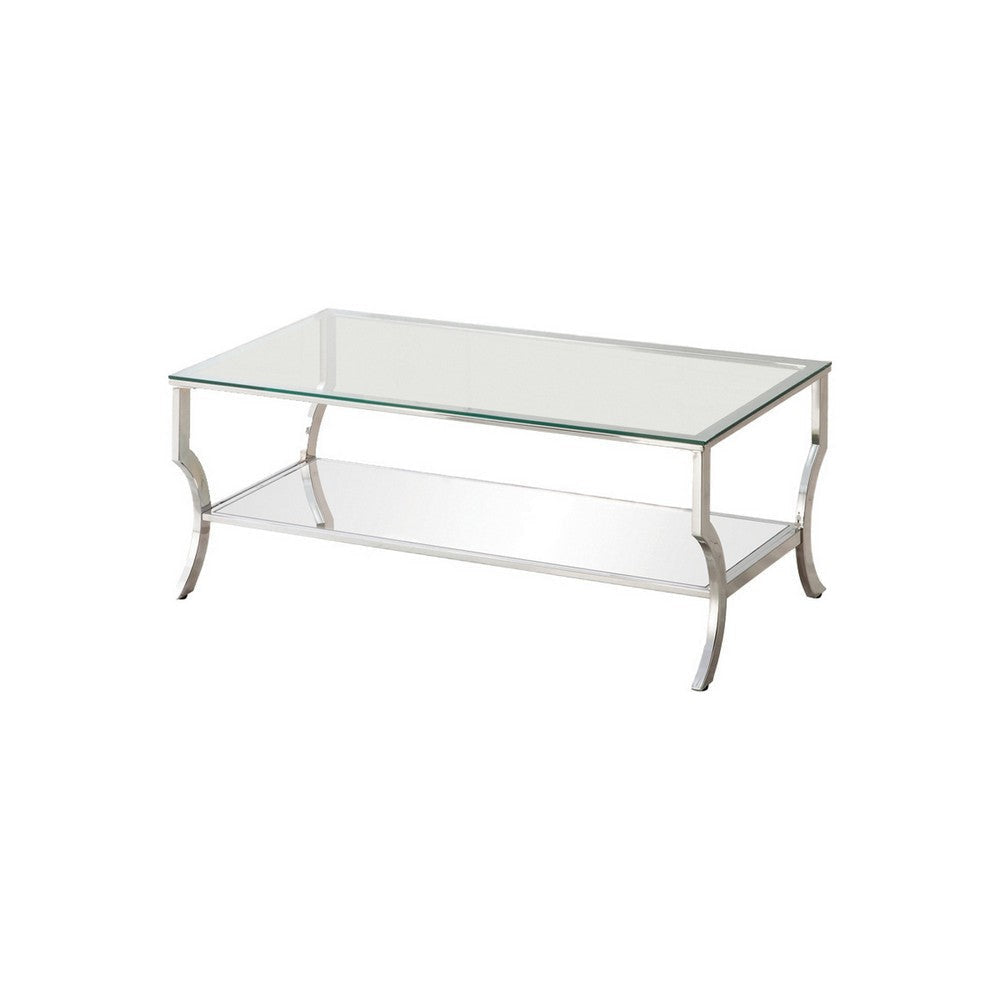 Coffee Table | Glass Top | Metal Frame | Mirror Shelf | Chrome