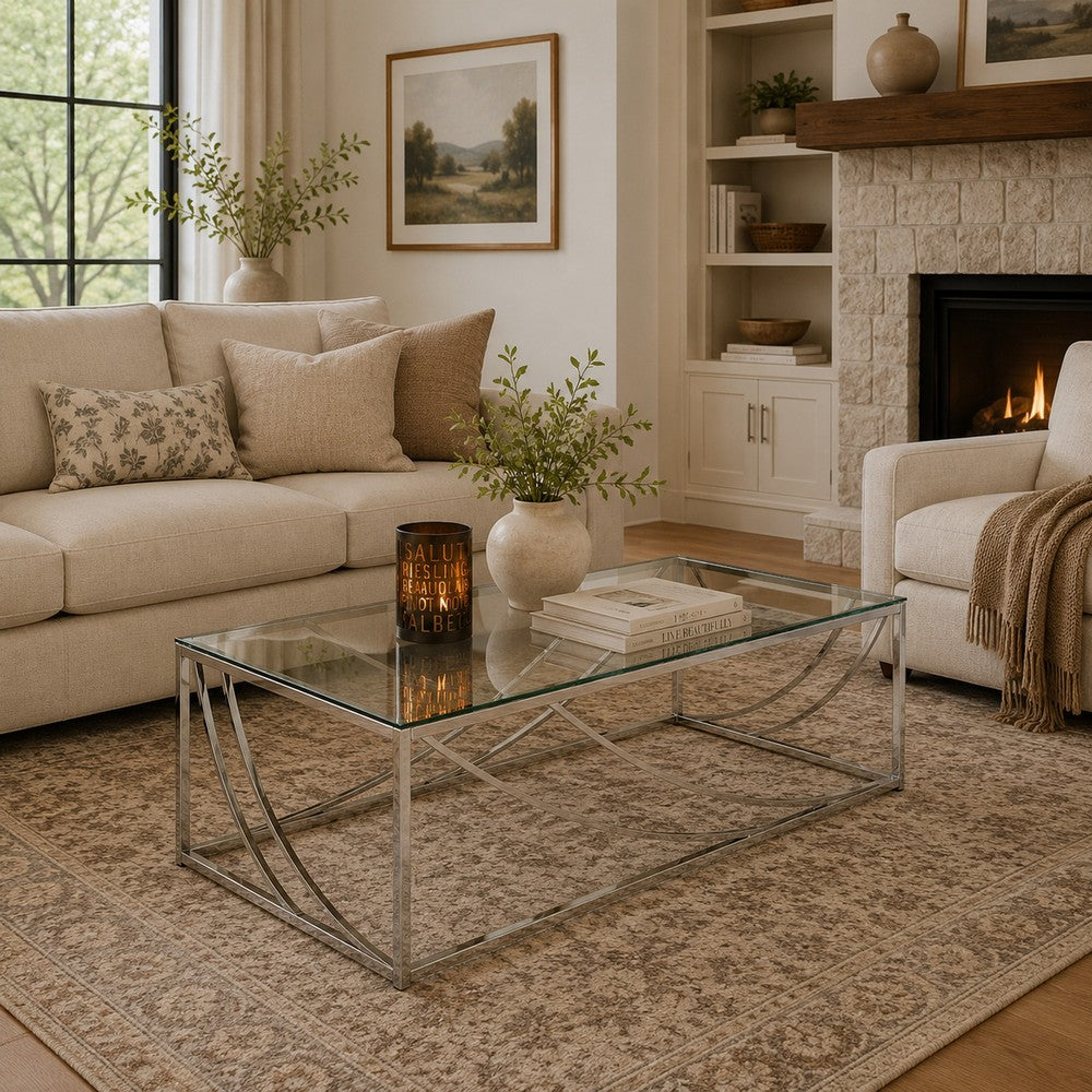 Tempered Glass Top Coffee Table with Metal Tubular Legs, Chrome and Clear