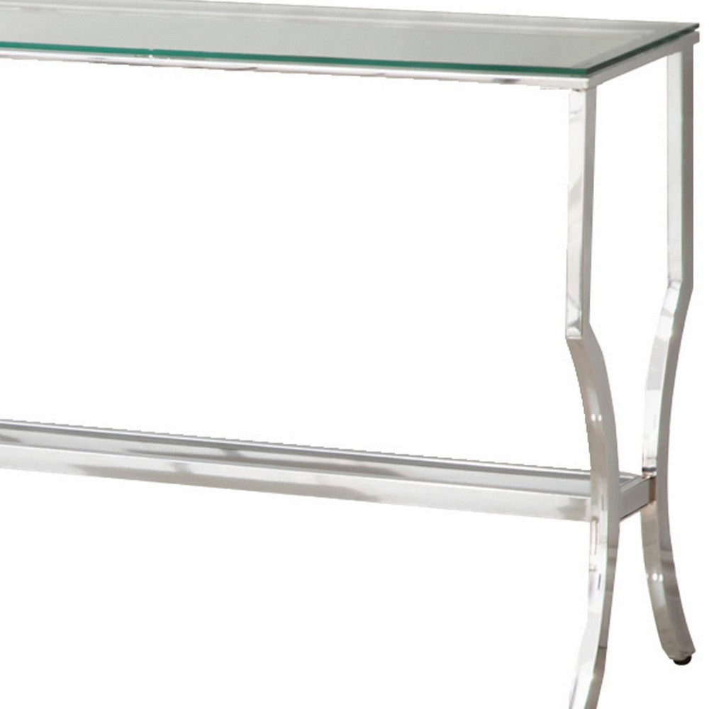 Glass Top Sofa Table with Metal Frame and Mirror Shelf Chrome By Casagear Home BM220309