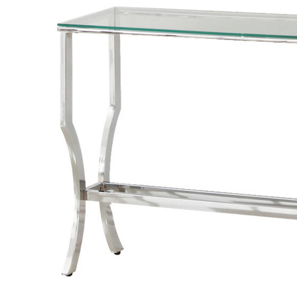 Glass Top Sofa Table with Metal Frame and Mirror Shelf, Chrome By Casagear Home