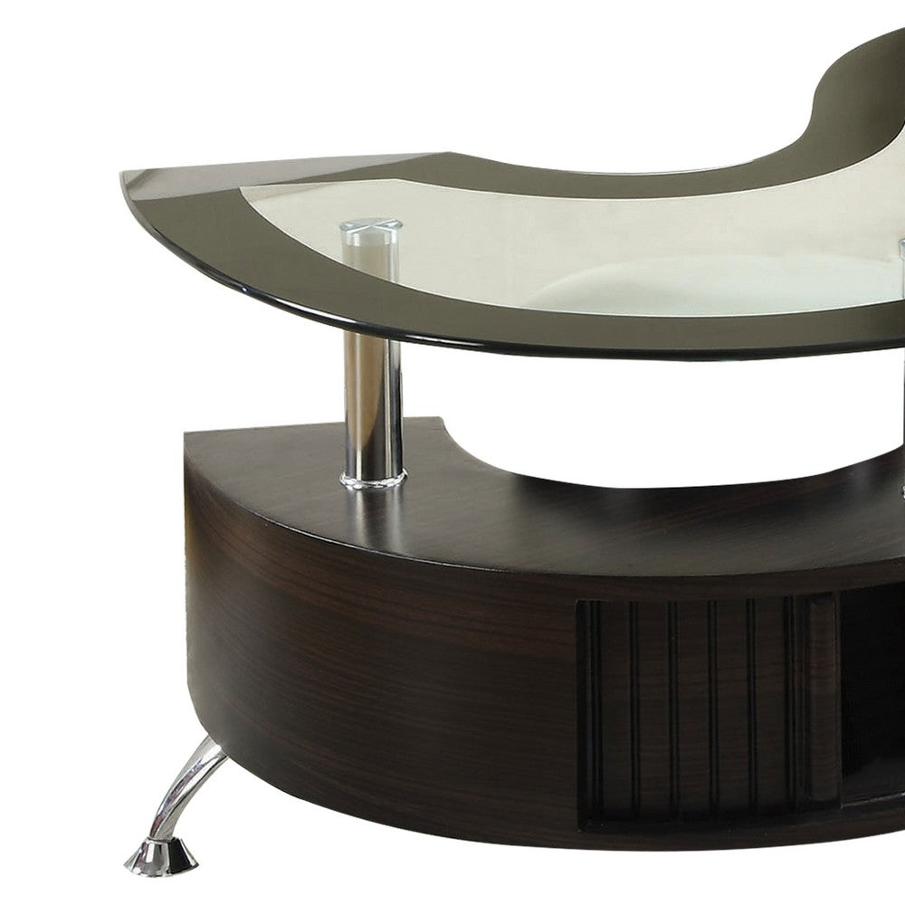Coffee Table | Contemporary S Shape Wood Base | Glass Top | Silver & Brown