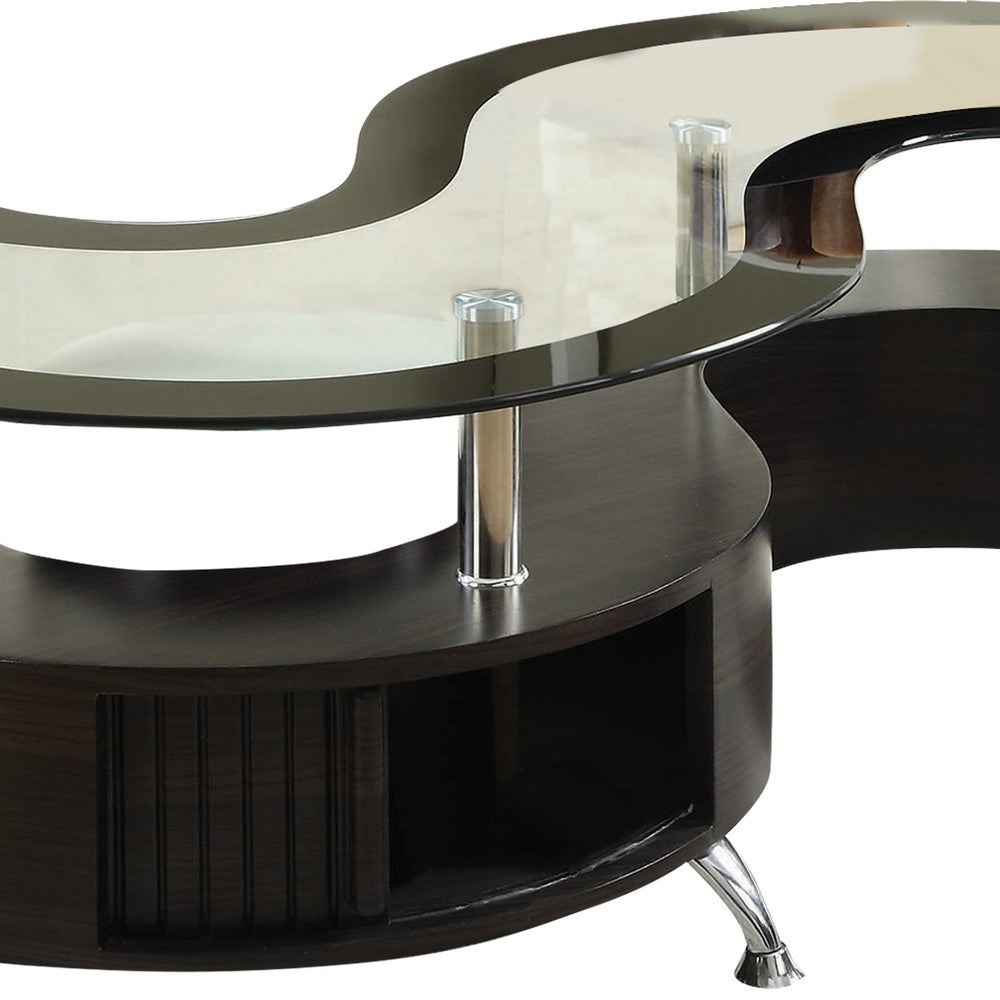 Coffee Table | Contemporary S Shape Wood Base | Glass Top | Silver & Brown
