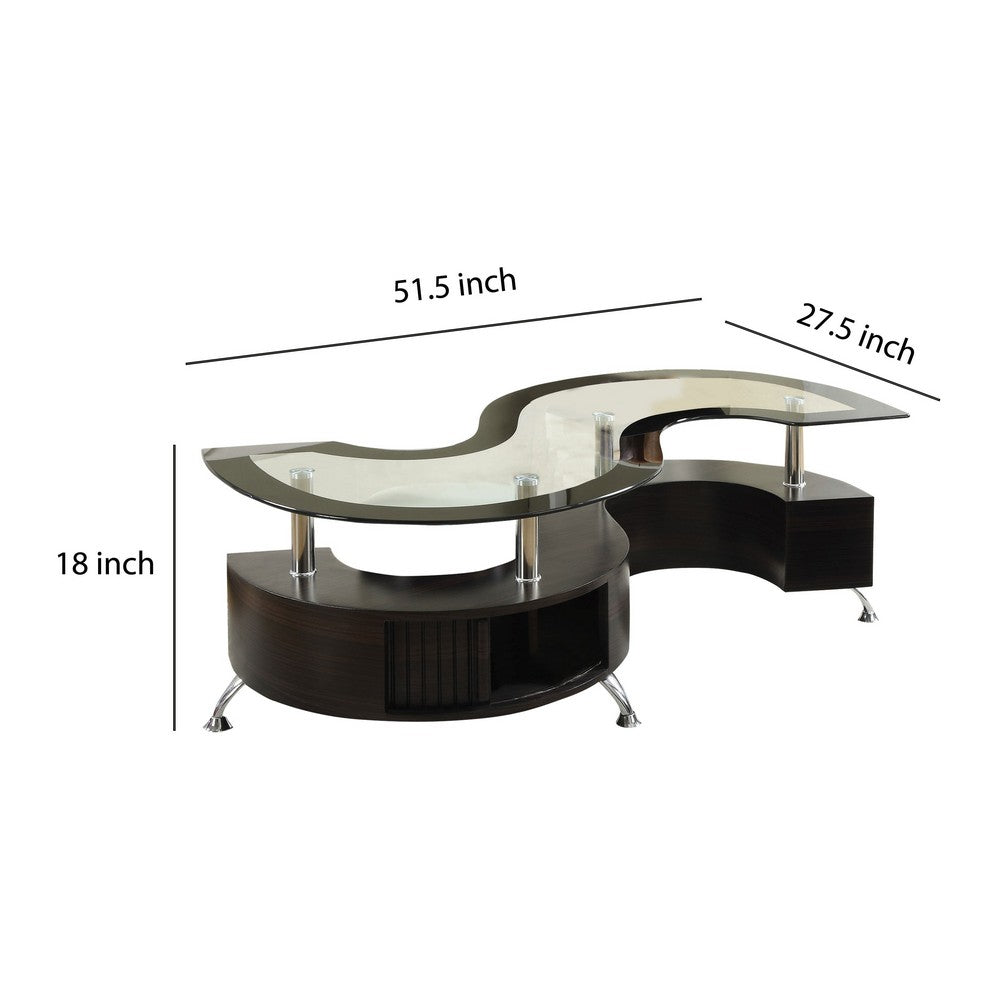 Coffee Table | Contemporary S Shape Wood Base | Glass Top | Silver & Brown