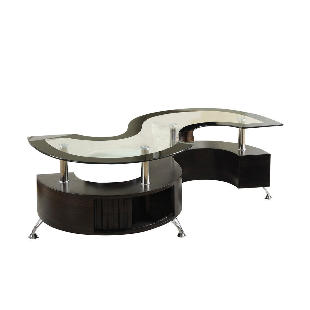 Coffee Table | Contemporary S Shape Wood Base | Glass Top | Silver & Brown