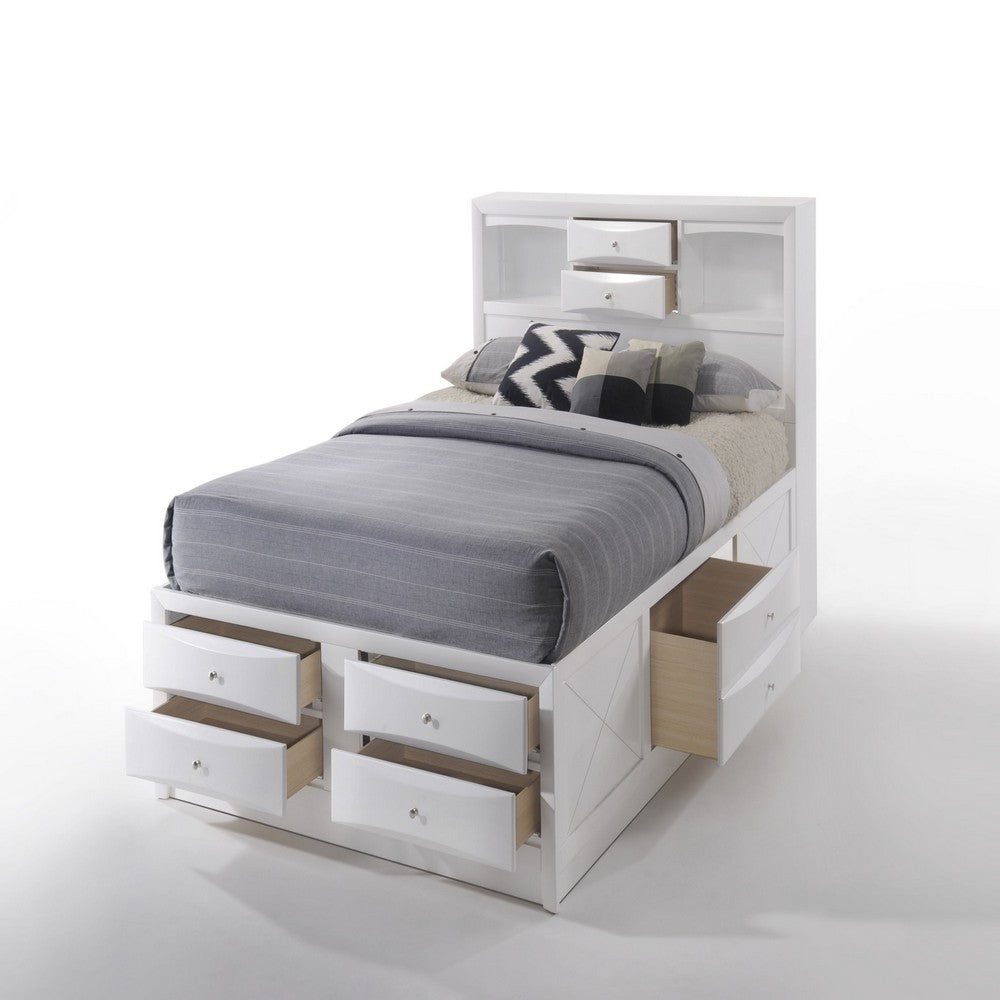 8 Drawer Eastern King Bed with Bookcase Headboard and Round Knobs, White