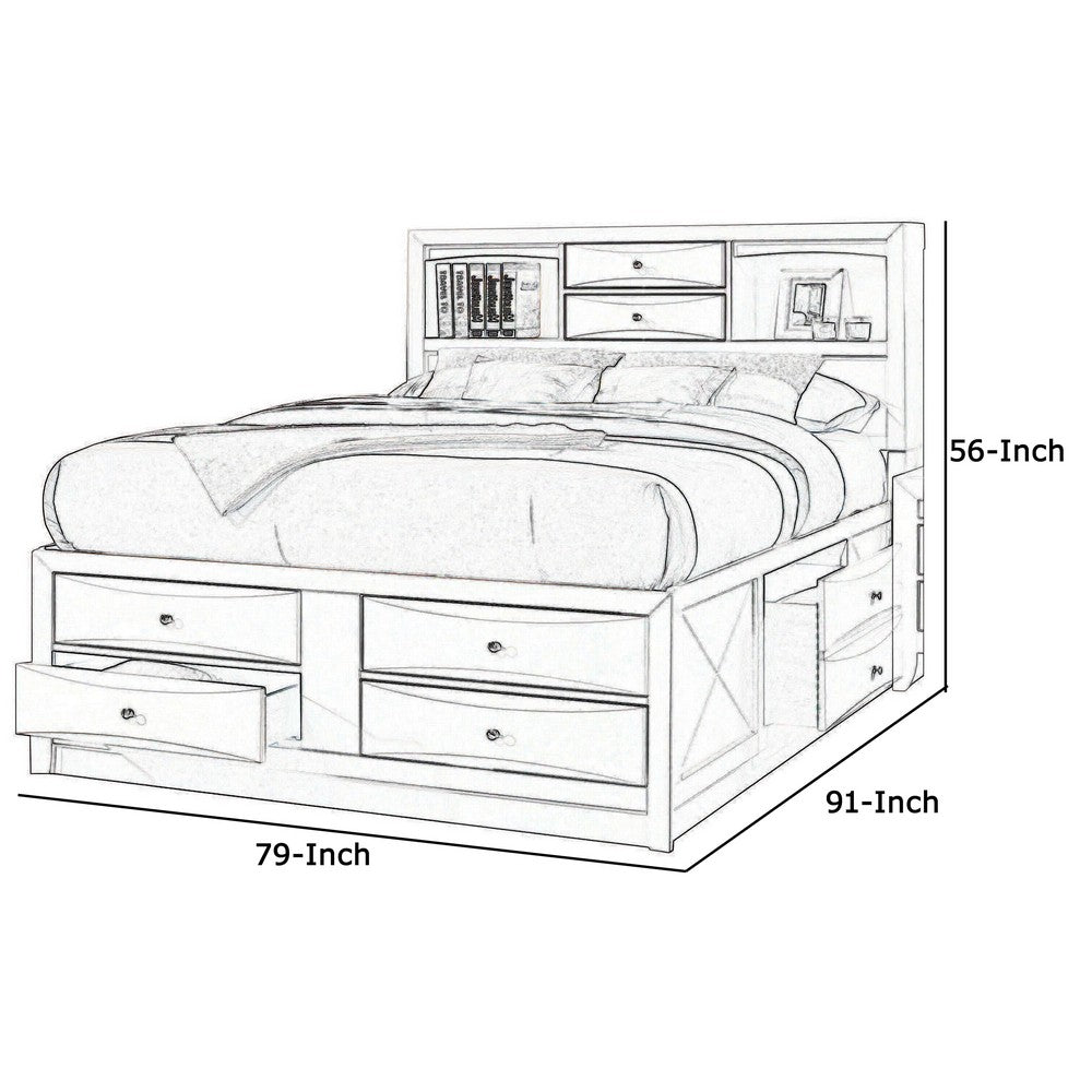 8 Drawer Eastern King Bed with Bookcase Headboard and Round Knobs, White