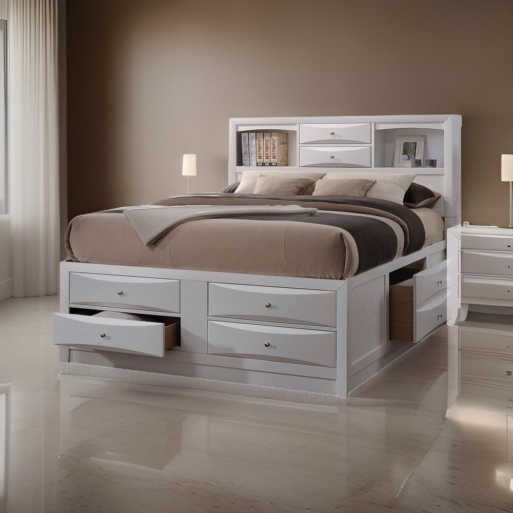 8 Drawer Eastern King Bed with Bookcase Headboard and Round Knobs, White