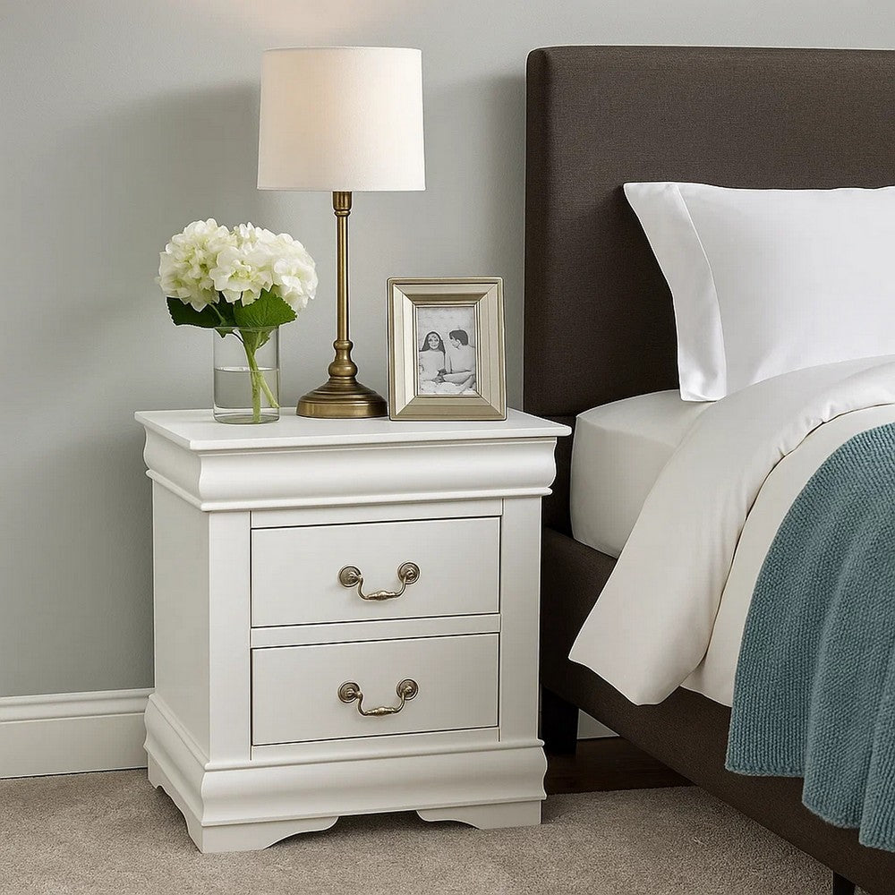 2 Drawer Wooden Nightstand with Metal Hanging Pulls and Bracket Feet, White