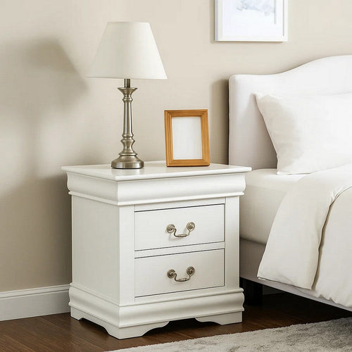 2 Drawer Wooden Nightstand with Metal Hanging Pulls and Bracket Feet, White