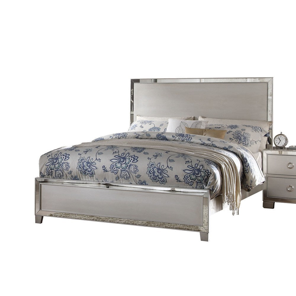 Panel Design Wooden Eastern King Bed with Mirror Trim Accents, Silver