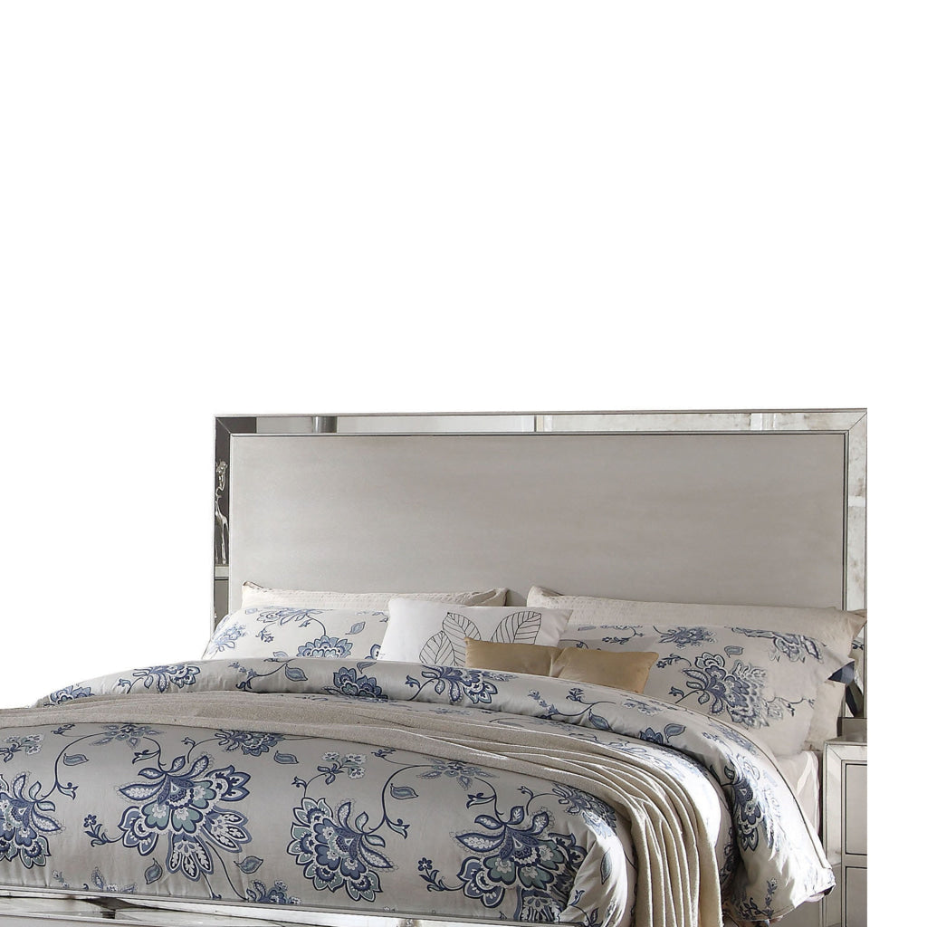 Panel Design Wooden Eastern King Bed with Mirror Trim Accents Silver BM220339