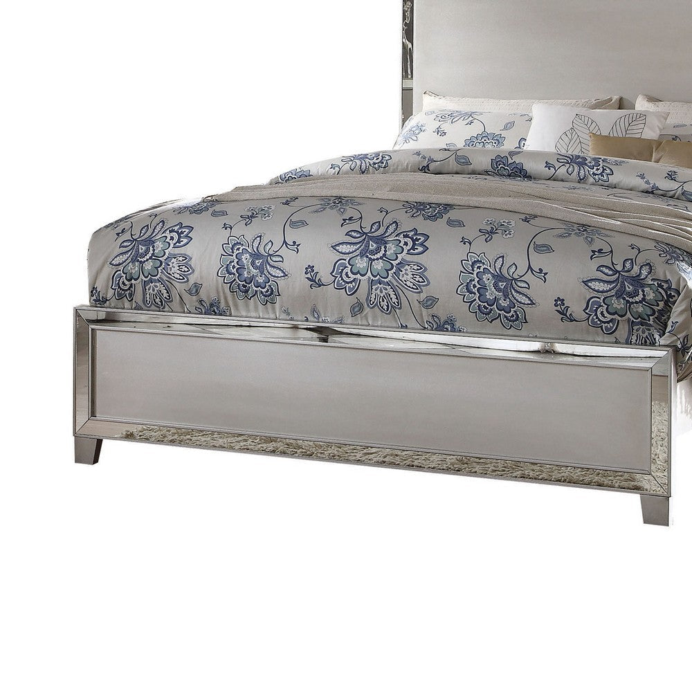 Panel Design Wooden Eastern King Bed with Mirror Trim Accents Silver BM220339