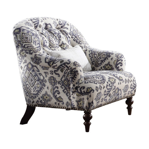 Tufted Back Chair with 1 Accent Pillow and Tribal Design, Blue and White