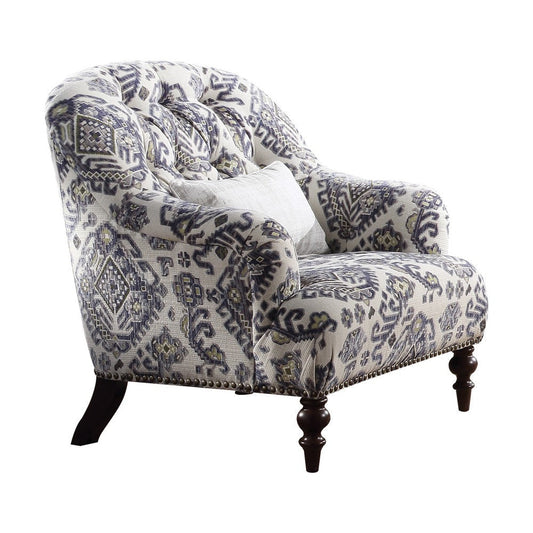 Tufted Back Chair with 1 Accent Pillow and Tribal Design, Blue and White