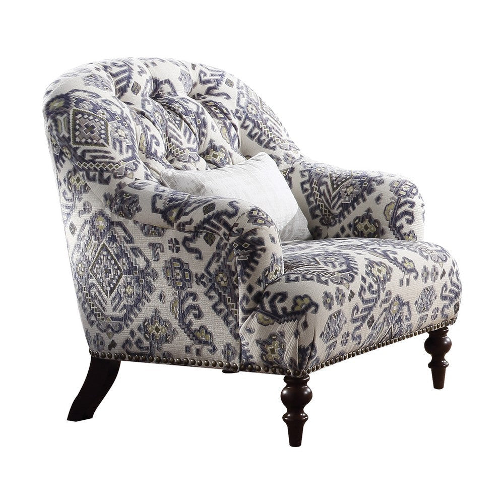 Tufted Back Chair with 1 Accent Pillow and Tribal Design, Blue and White