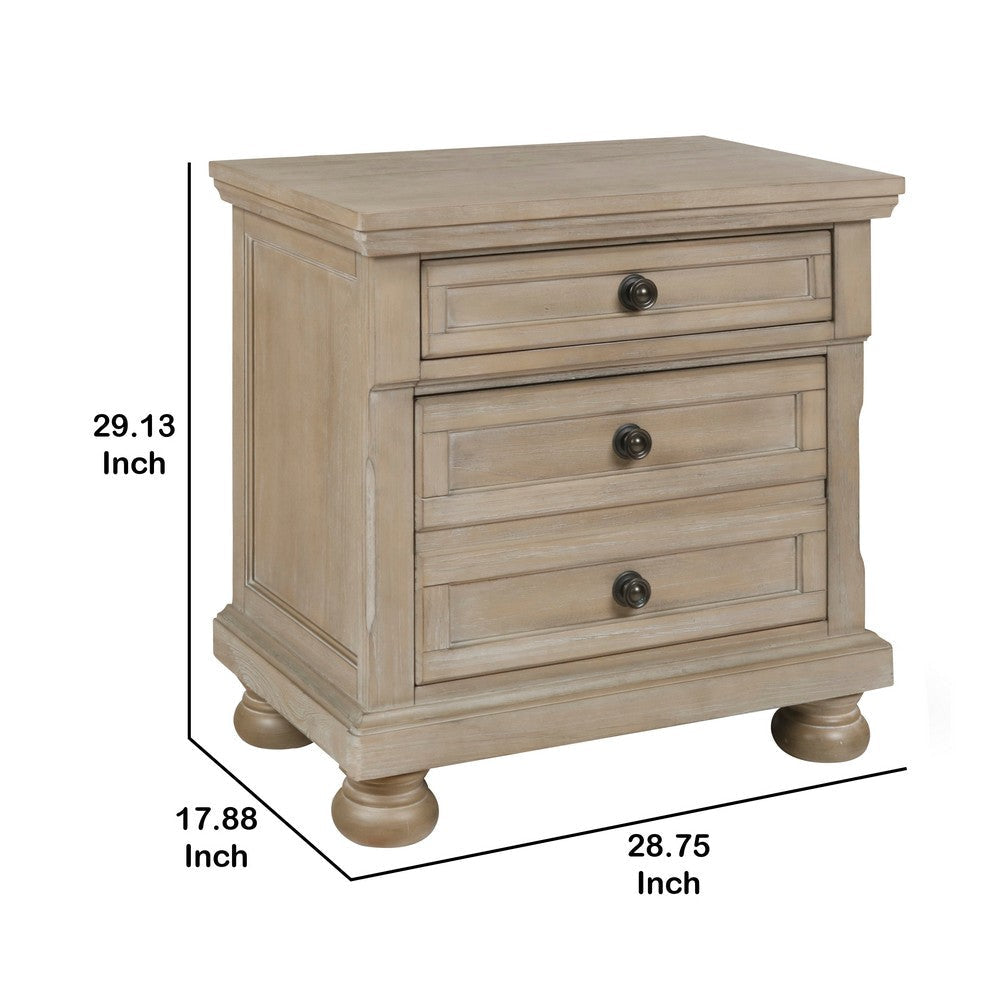 3 Drawer Wooden Nightstand with Round Knobs and Bun Feet Weathered Brown By Casagear Home BM220427