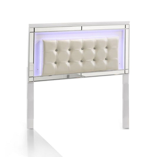 Modern Wooden Full Size Headboard with LED and Glass Trim, White By Casagear Home