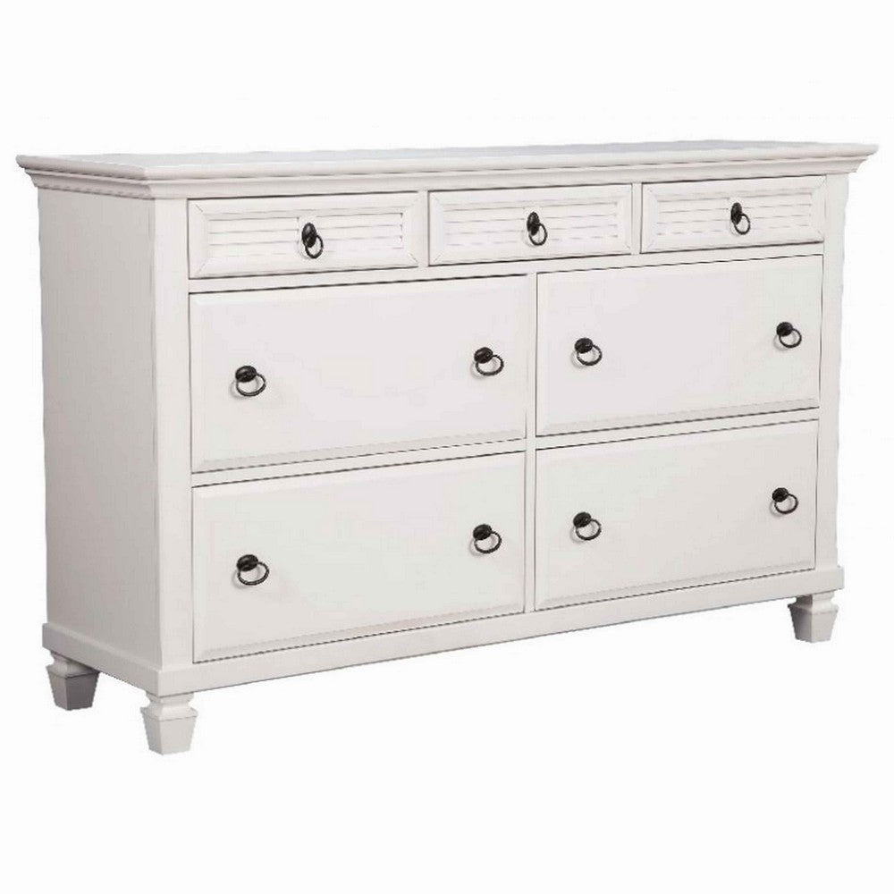 7 Drawer Wooden Dresser with Ring Pulls and Molded Top, White
