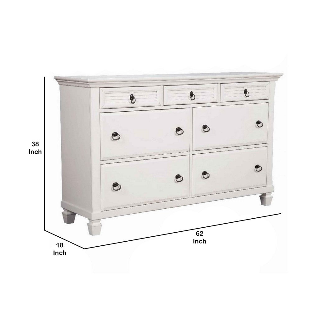 7 Drawer Wooden Dresser with Ring Pulls and Molded Top, White