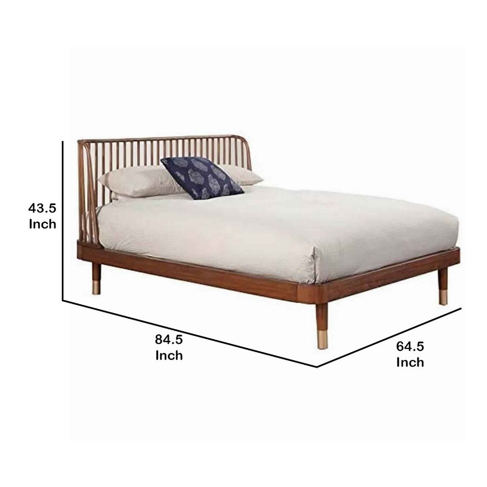 Queen Platform Bed with Slat Back Rattan Headboard, Brown