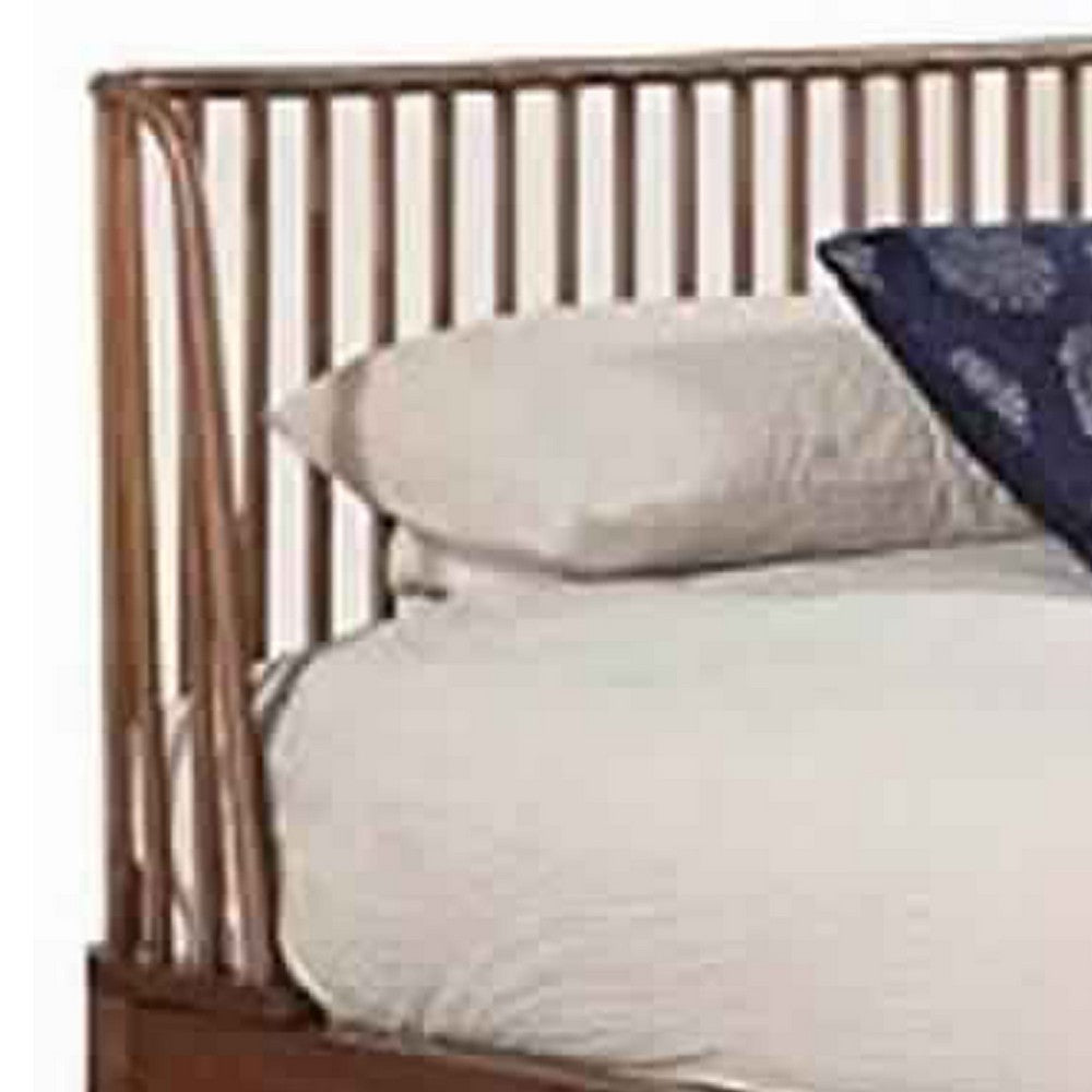 Standard King Platform Bed with Slat Back Rattan Headboard, Brown