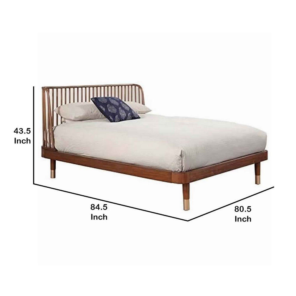 Standard King Platform Bed with Slat Back Rattan Headboard, Brown