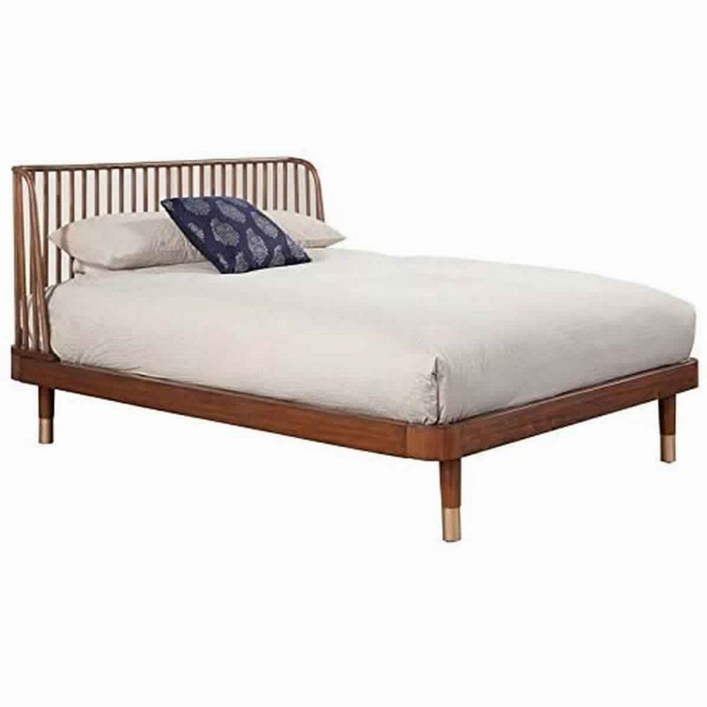 Full Size Platform Bed with Slat Back Rattan Headboard, Brown