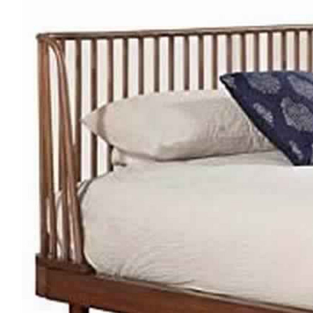 Full Size Platform Bed with Slat Back Rattan Headboard, Brown